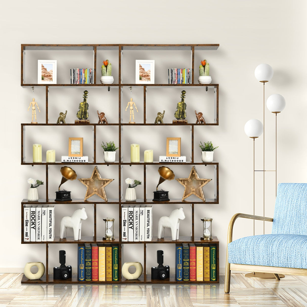 Estantería de Almacenamiento y Exhibición en Forma de S con 6 Niveles, Estantería Decorativa en Z