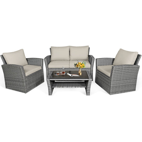 Juego de muebles de patio de ratán de 4 piezas, mesa de sofá con estante de almacenamiento y cojín