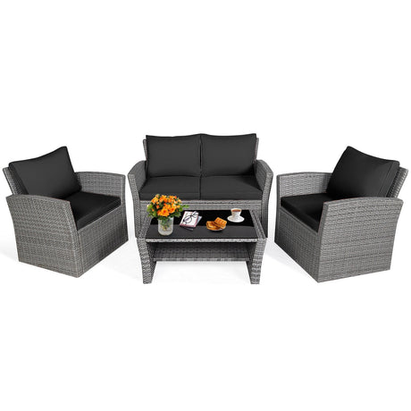 Juego de muebles de patio de ratán de 4 piezas, mesa de sofá con estante de almacenamiento y cojín