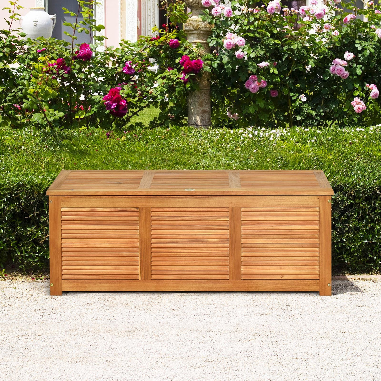 Caja banco de almacenamiento de madera de acacia de 46 galones para patio o jardín