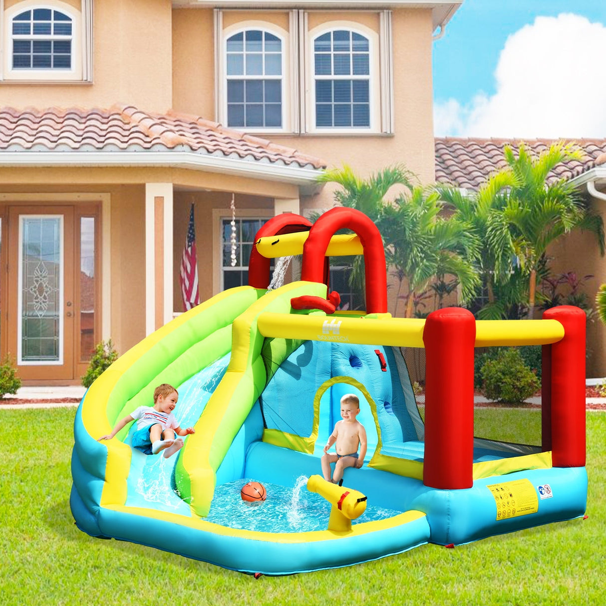 Castillo inflable 6 en 1 con muro de escalada y canasta de baloncesto sin soplador