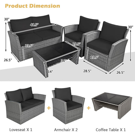 Juego de muebles de patio de ratán de 4 piezas, mesa de sofá con estante de almacenamiento y cojín