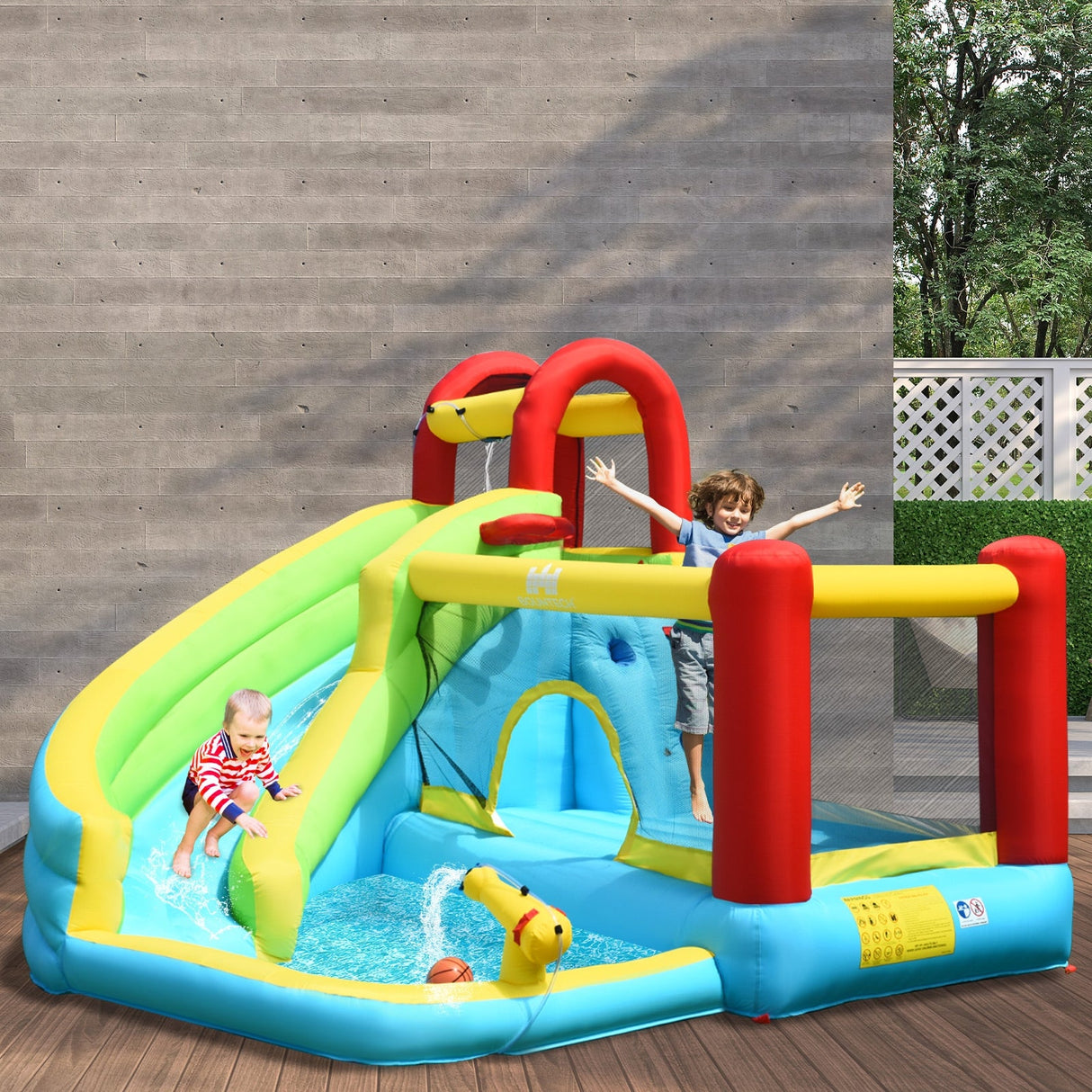Castillo inflable 6 en 1 con muro de escalada y canasta de baloncesto sin soplador