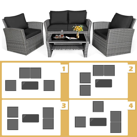 Juego de muebles de patio de ratán de 4 piezas, mesa de sofá con estante de almacenamiento y cojín