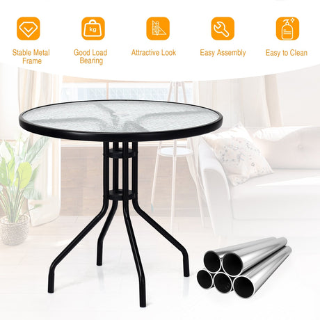 Mesa de exterior redonda de 32 pulgadas con tapa de cristal templado y agujero para sombrilla