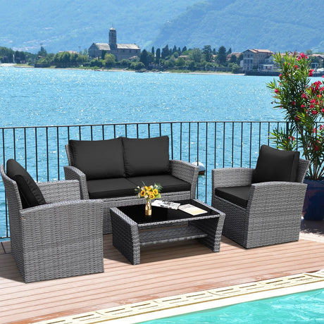 Juego de muebles de patio de ratán de 4 piezas, mesa de sofá con estante de almacenamiento y cojín