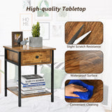 Industrial End Side Table Nightstand with Drawer Shelf
