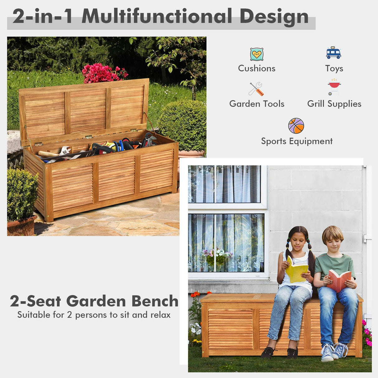 Caja banco de almacenamiento de madera de acacia de 46 galones para patio o jardín