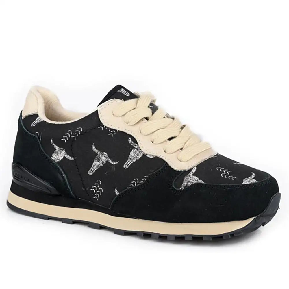 Roper Giddyup Longhorn Jogger (Negro) - Zapatillas de deporte de cuero de gamuza con cordones para mujer