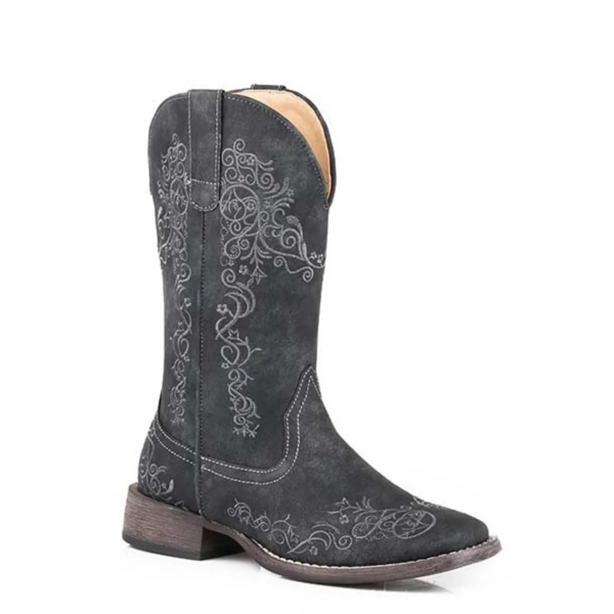Bota vaquera Roper Riley Scroll Stockman (negra) para mujer