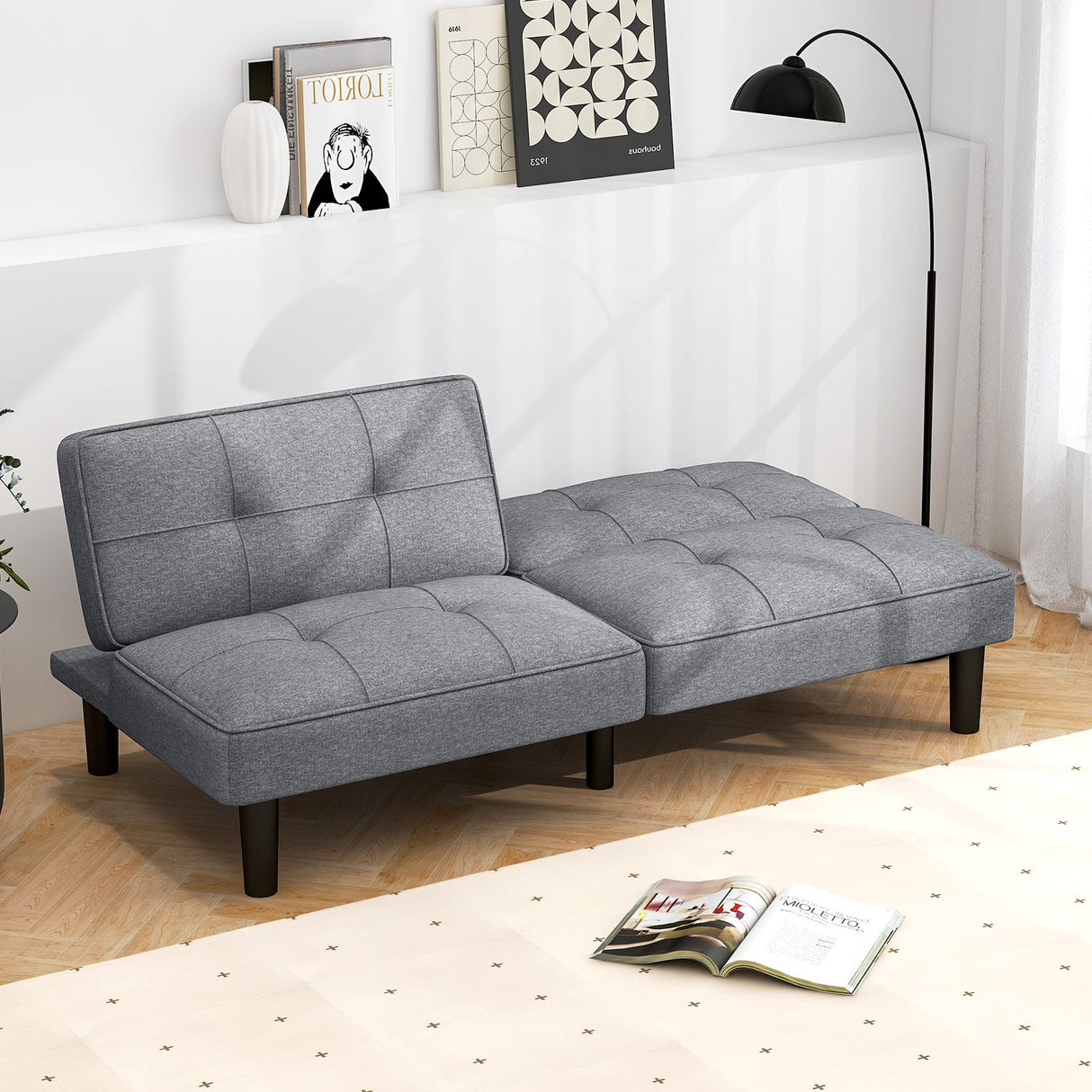 Sofá Cama Plegable Convertible Tipo Futón con Respaldo Ajustable en 6 Posiciones-Gris