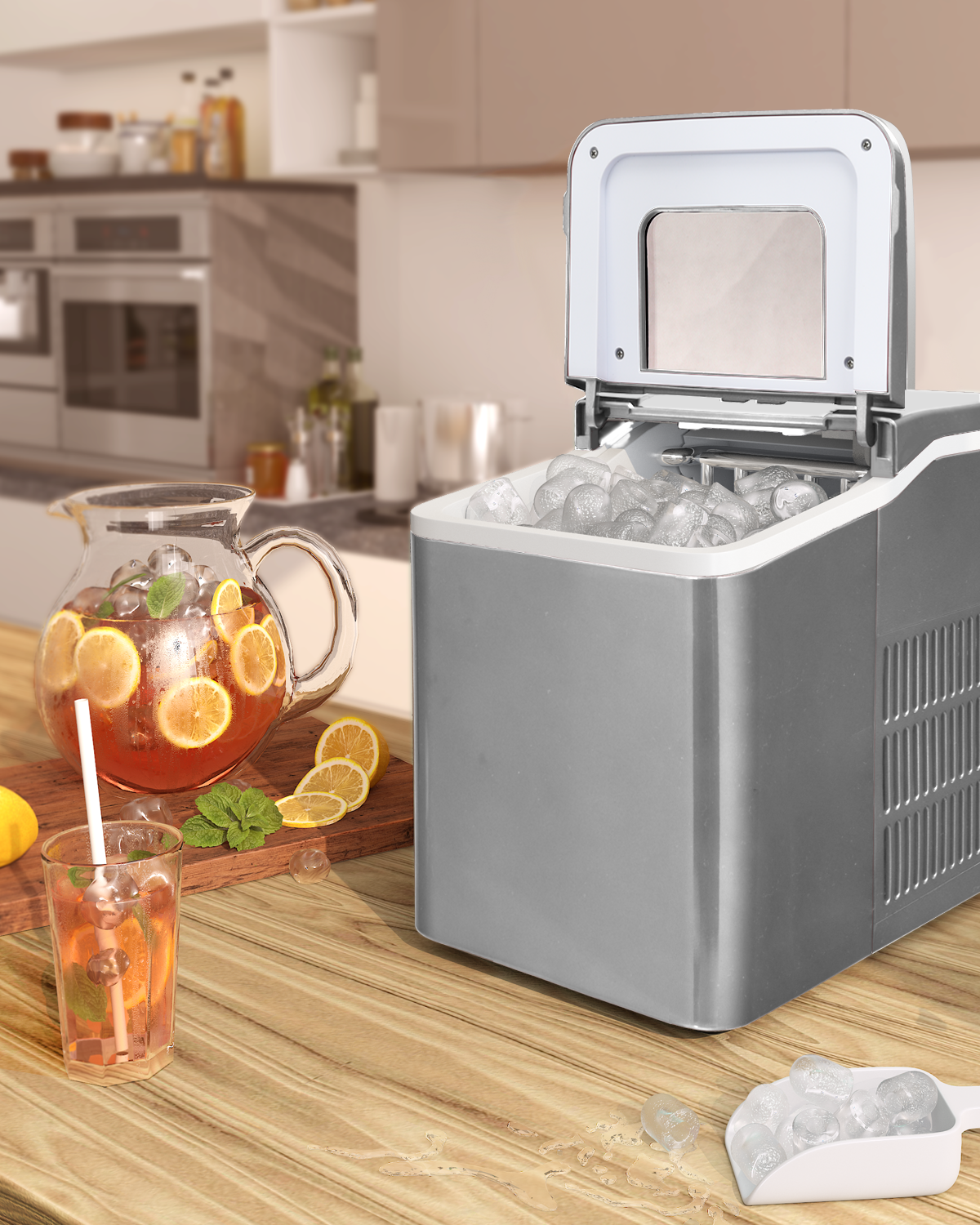 Máquina de hacer hielo portátil para encimera con cuchara - Plateada