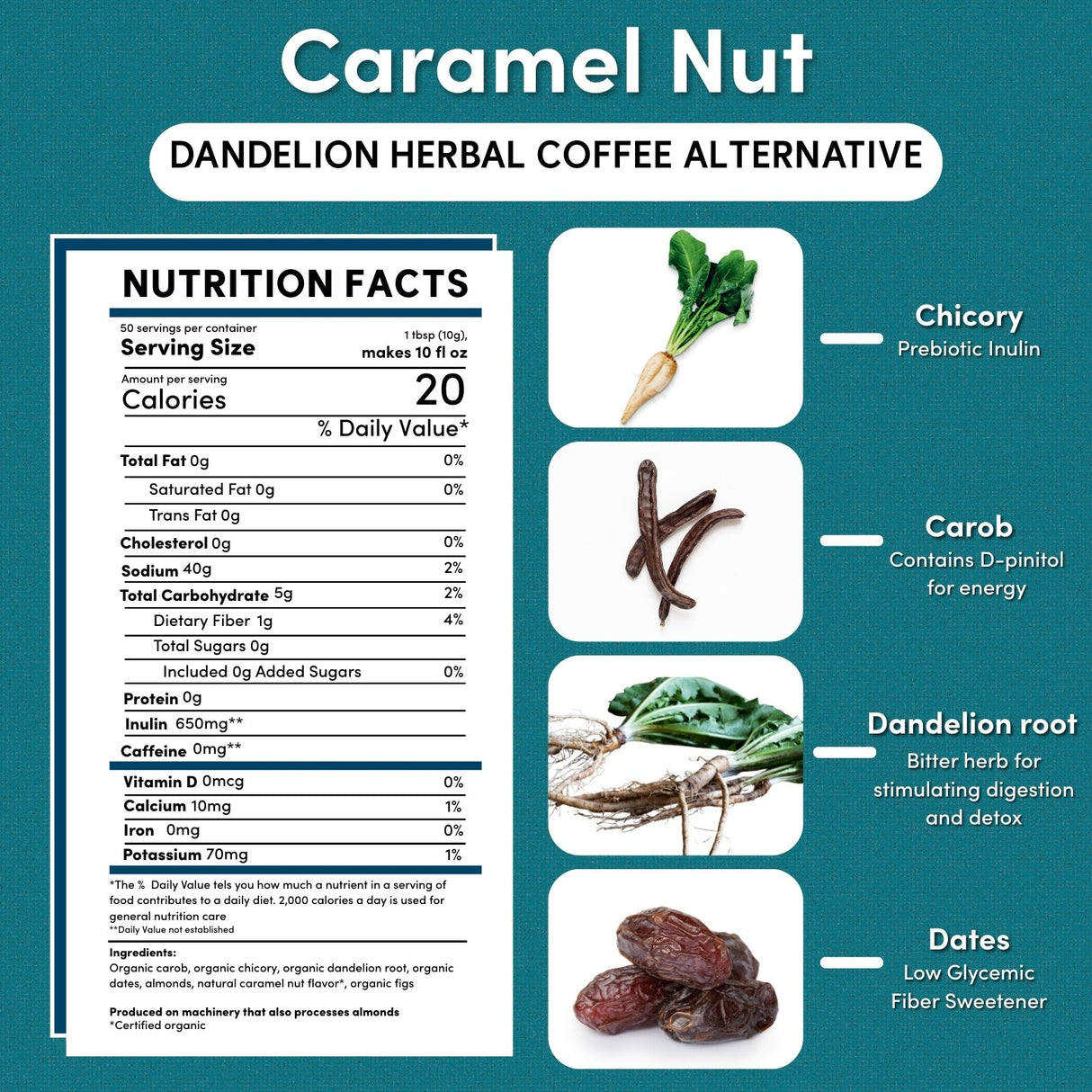 Café Herbal de Achicoria, Diente de León, Caramelo y Nuez