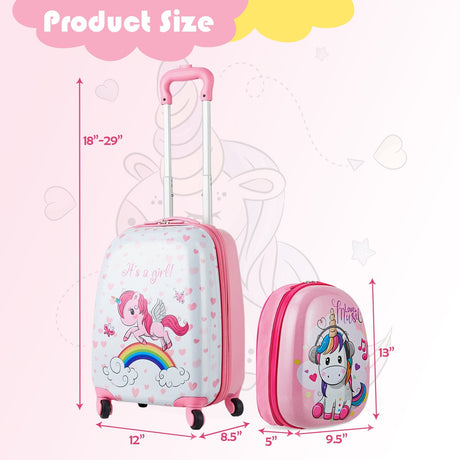 Juego de equipaje para niños de 2 piezas, mochila de 12 pulgadas y maleta de cabina con ruedas para niños de 16 pulgadas