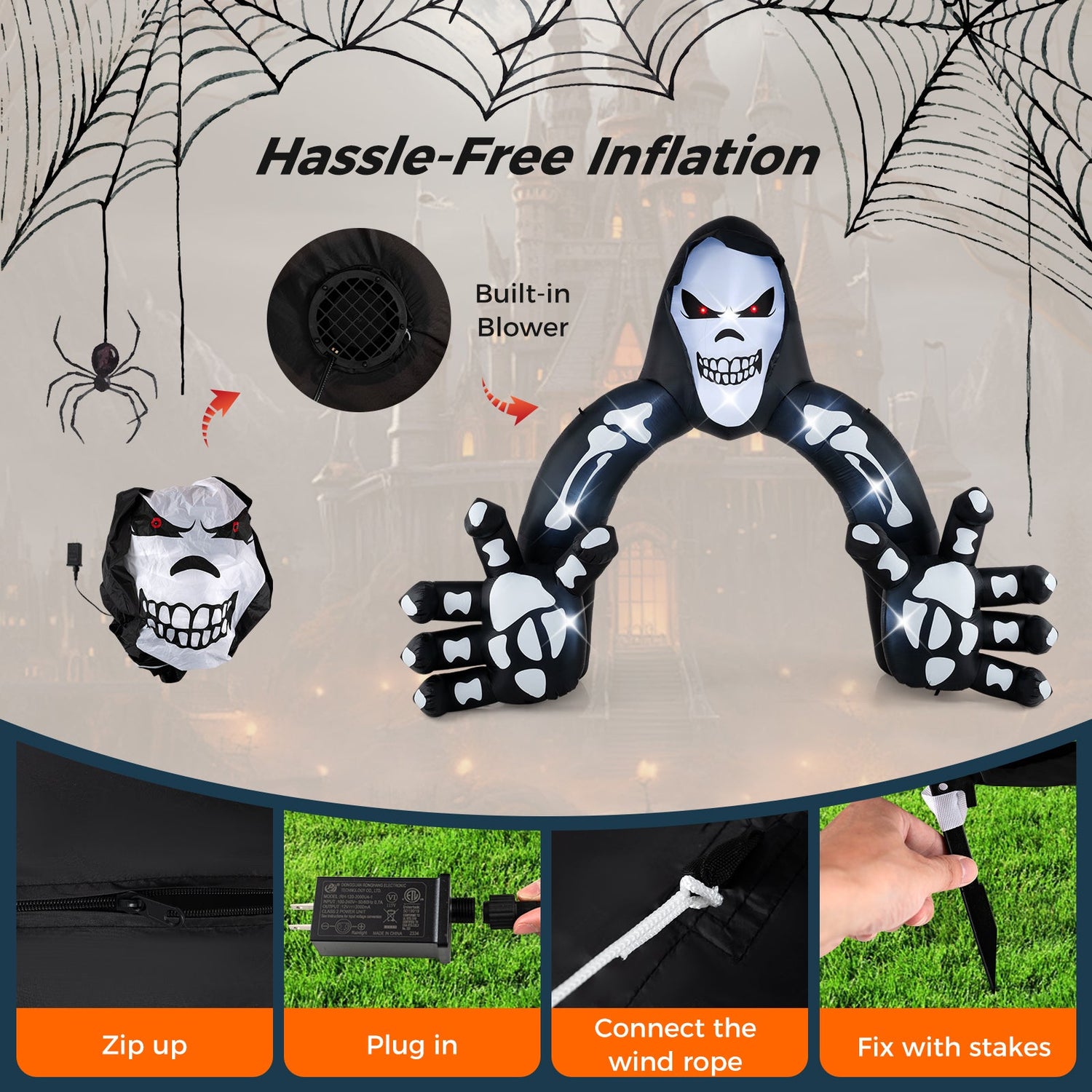 Arco hinchable de la Parca de Halloween con estacas y bolsas de agua