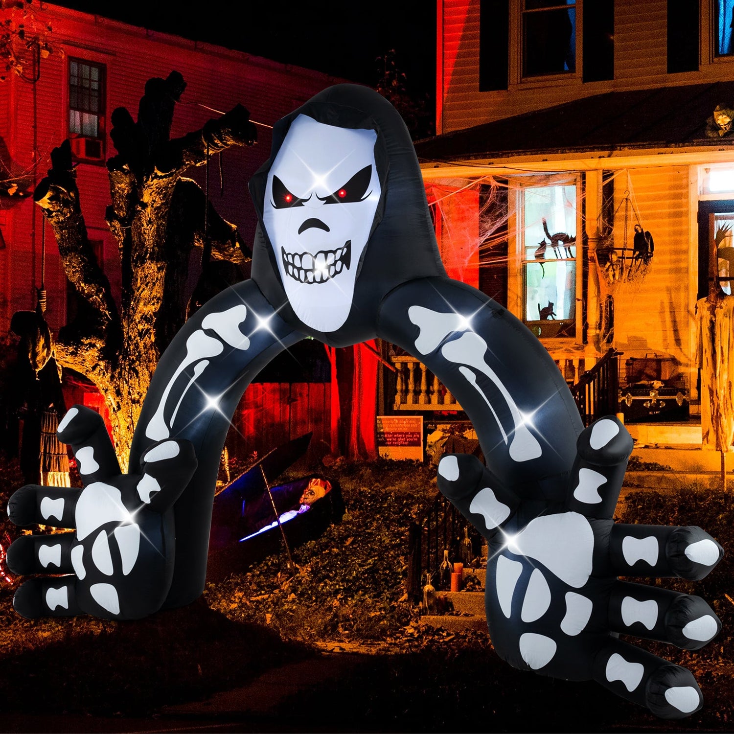 Arco hinchable de la Parca de Halloween con estacas y bolsas de agua