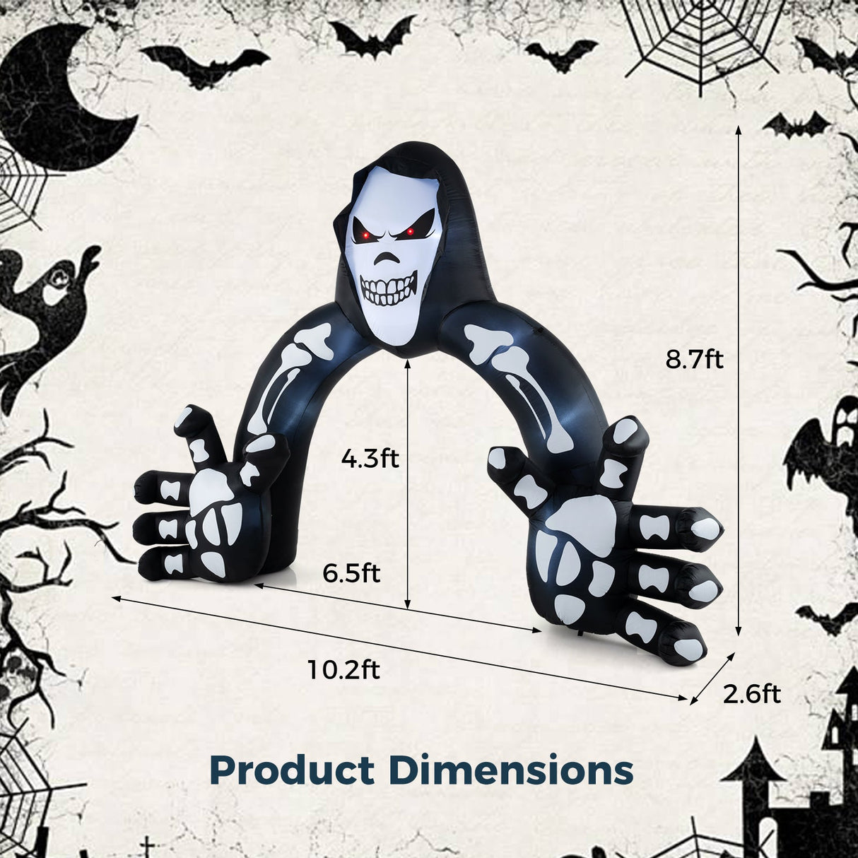 Arco hinchable de la Parca de Halloween con estacas y bolsas de agua
