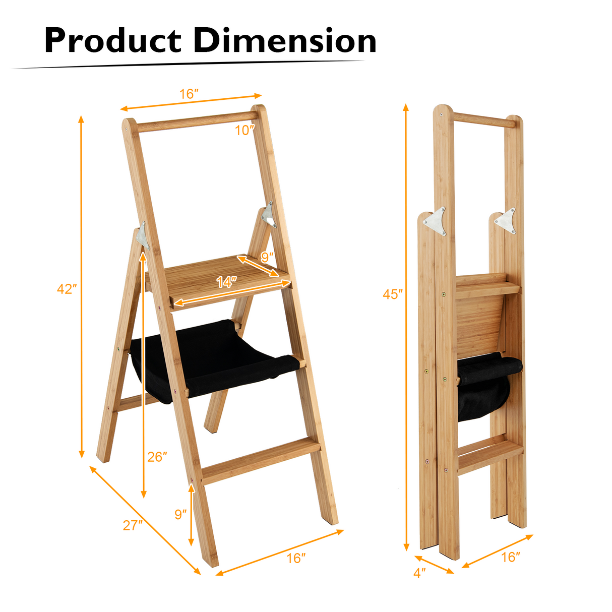 Taburete escalera plegable de bambú de 3 peldaños con bolsa de almacenamiento de herramientas - Natural