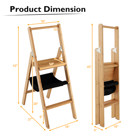Taburete escalera plegable de bambú de 3 peldaños con bolsa de almacenamiento de herramientas - Natural