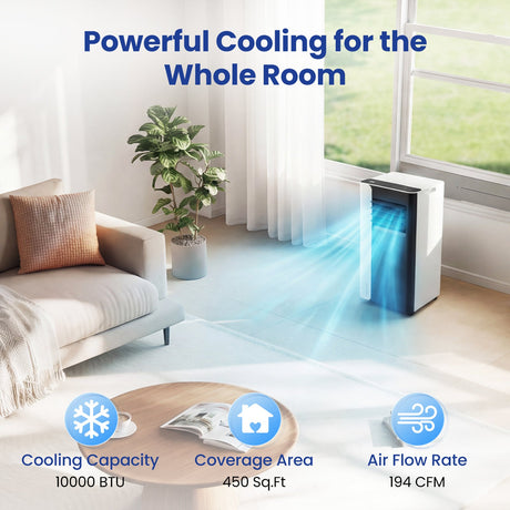 Acondicionador de aire portátil 3 en 1 de 10000 BTU con ventilador y deshumidificador, modelo