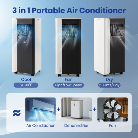 Acondicionador de aire portátil 3 en 1 de 10000 BTU con ventilador y deshumidificador, modelo