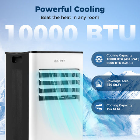 Aire Acondicionado Portátil de 10000 BTU con Ventilador, Deshumidificador y Pantalla LED