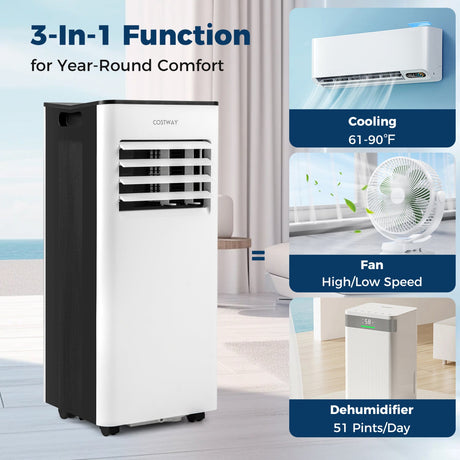Aire Acondicionado Portátil de 10000 BTU con Ventilador, Deshumidificador y Pantalla LED