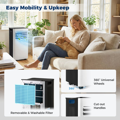 Aire Acondicionado Portátil de 10000 BTU con Ventilador, Deshumidificador y Pantalla LED