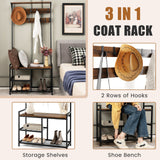 3-In-1 Industrial Coat Rack Stand with 9 Hooks Shoe Bench