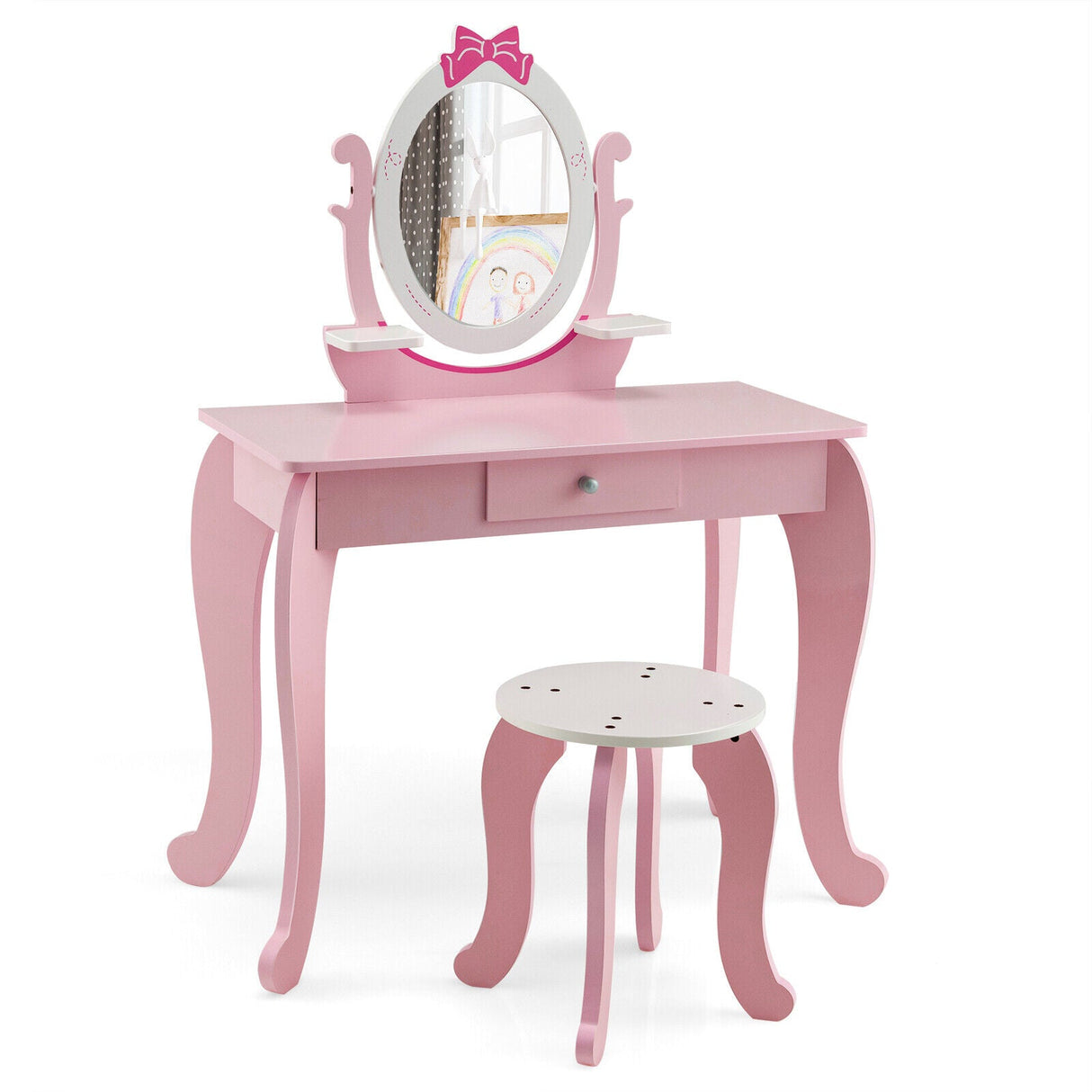 Juego de tocador y taburete para niños con espejo ovalado giratorio - Rosa