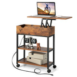 Mesa auxiliar elevable con estación de carga y ruedas universales - Marrón rústico