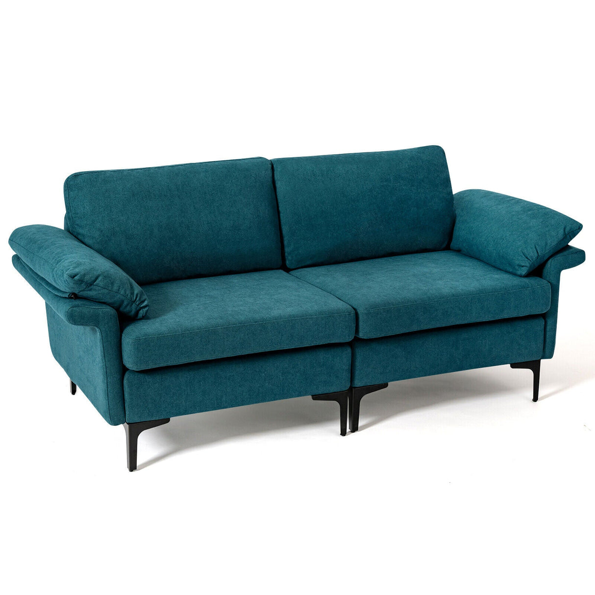 Sofá biplaza moderno de tela con patas de metal y almohadas en los reposabrazos