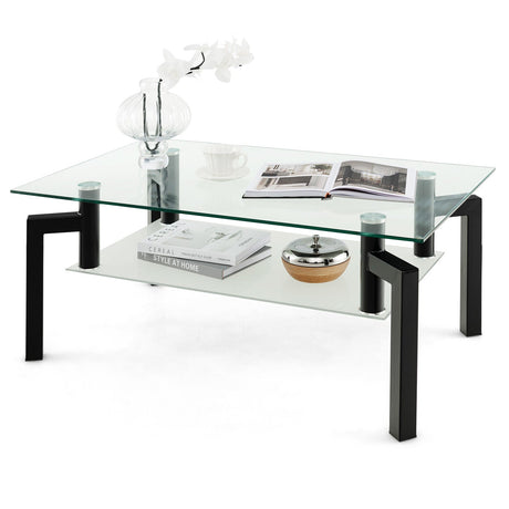 Mesa de centro rectangular de cristal de 2 niveles con patas de tubo de metal - Negro