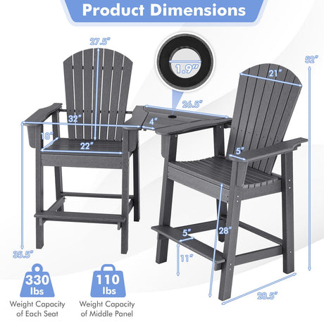 2 sillas Adirondack altas de HDPE con bandeja central de conexión