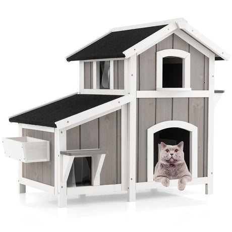 Casa de madera exterior de 2 pisos para gatos salvajes con puerta de escape - Gris