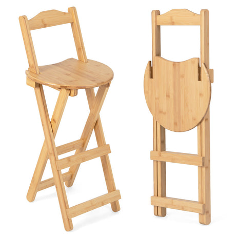 Juego de 2 taburetes de bar plegables de bambú de 24 pulgadas con reposapiés y asas, natural