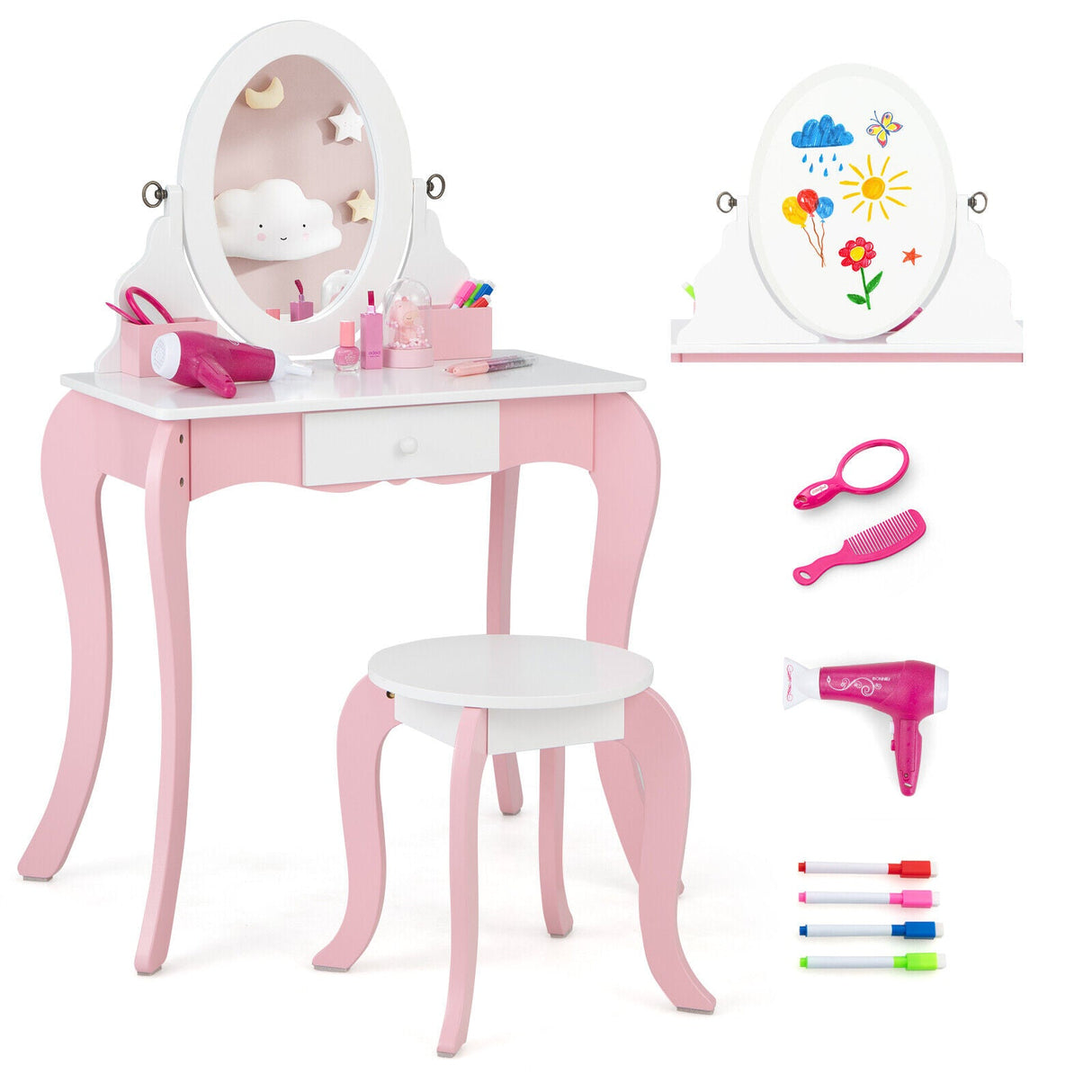 Tocador de juguete para niños con espejo giratorio 360° y accesorios de juego