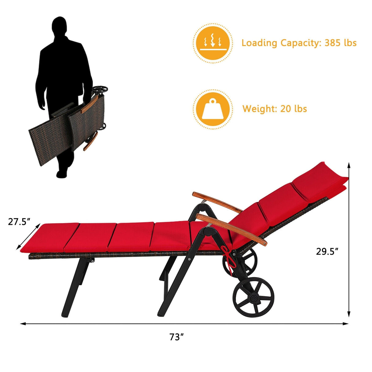 Tumbona plegable de mimbre para patio con ruedas - Roja