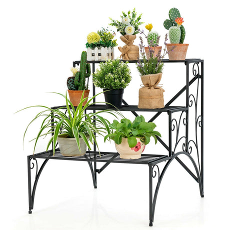 Estantería de metal de 3 niveles para plantas con estante de rejilla ampliado para jardín o porche - Negra