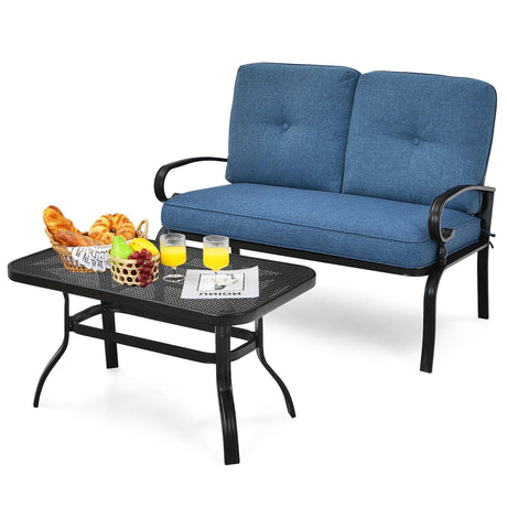 Juego de muebles de 2 piezas de mesa de banco de dos plazas para patio con silla acolchada - Azul