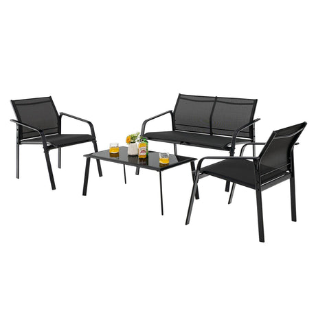 Juego de muebles de patio de 4 piezas con sofás biplaza con reposabrazos y mesa de vidrio para terraza