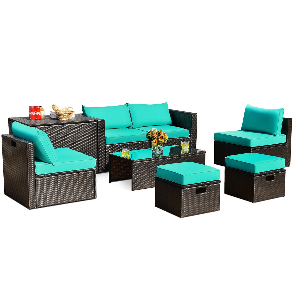 Juego de muebles de ratán de 8 piezas que ahorra espacio para patio con caja de almacenamiento y cubierta impermeable - Gris