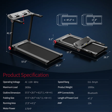 Cinta de correr plegable de 3.75 HP con APP y 12 programas preestablecidos