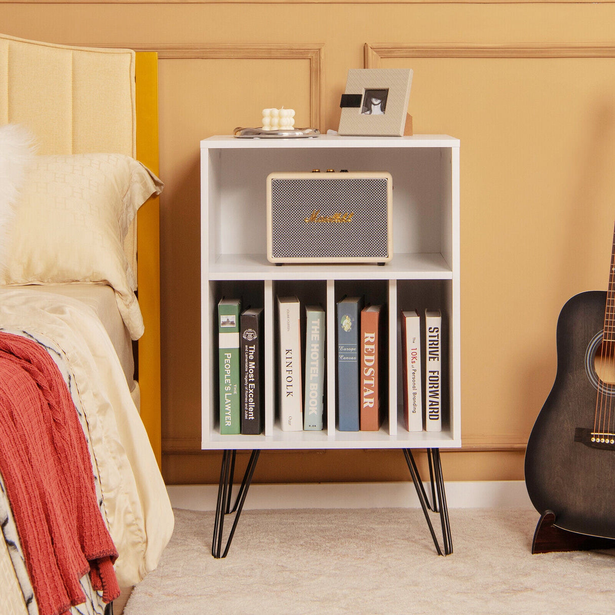 Mueble para tocadiscos independiente, armario para discos con patas de metal - blanco