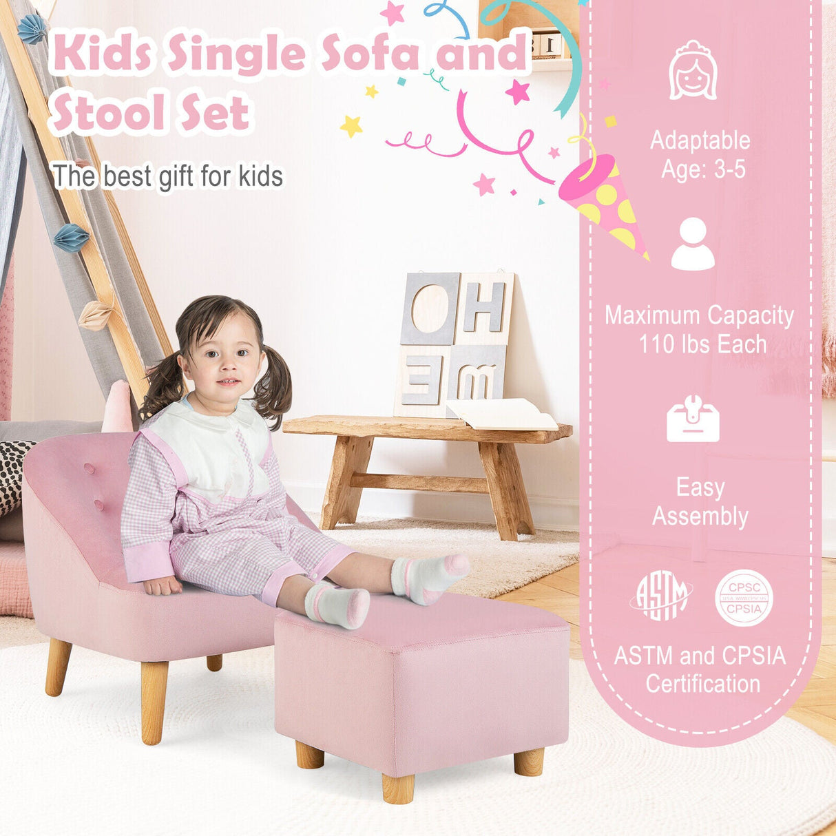Sillón Sofá Infantil Tapizado en Terciopelo Suave con Otomana
