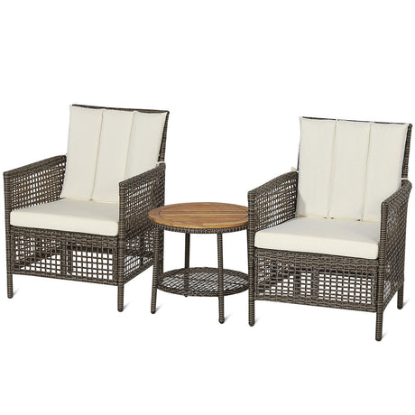 Juego de muebles de patio de ratán de 3 piezas con sofás acolchados y mesa con tapa de madera - Blanco