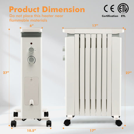 Radiador de aceite portátil de 1500W con 3 ajustes de calor