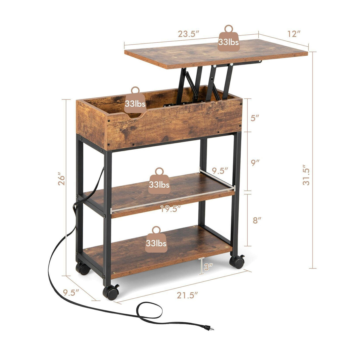 Mesa auxiliar elevable con estación de carga y ruedas universales - Marrón rústico