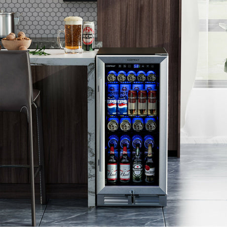 Nevera para bebidas de 15 pulgadas, 100 latas, empotrable, con temperatura y estante ajustables - Plateada