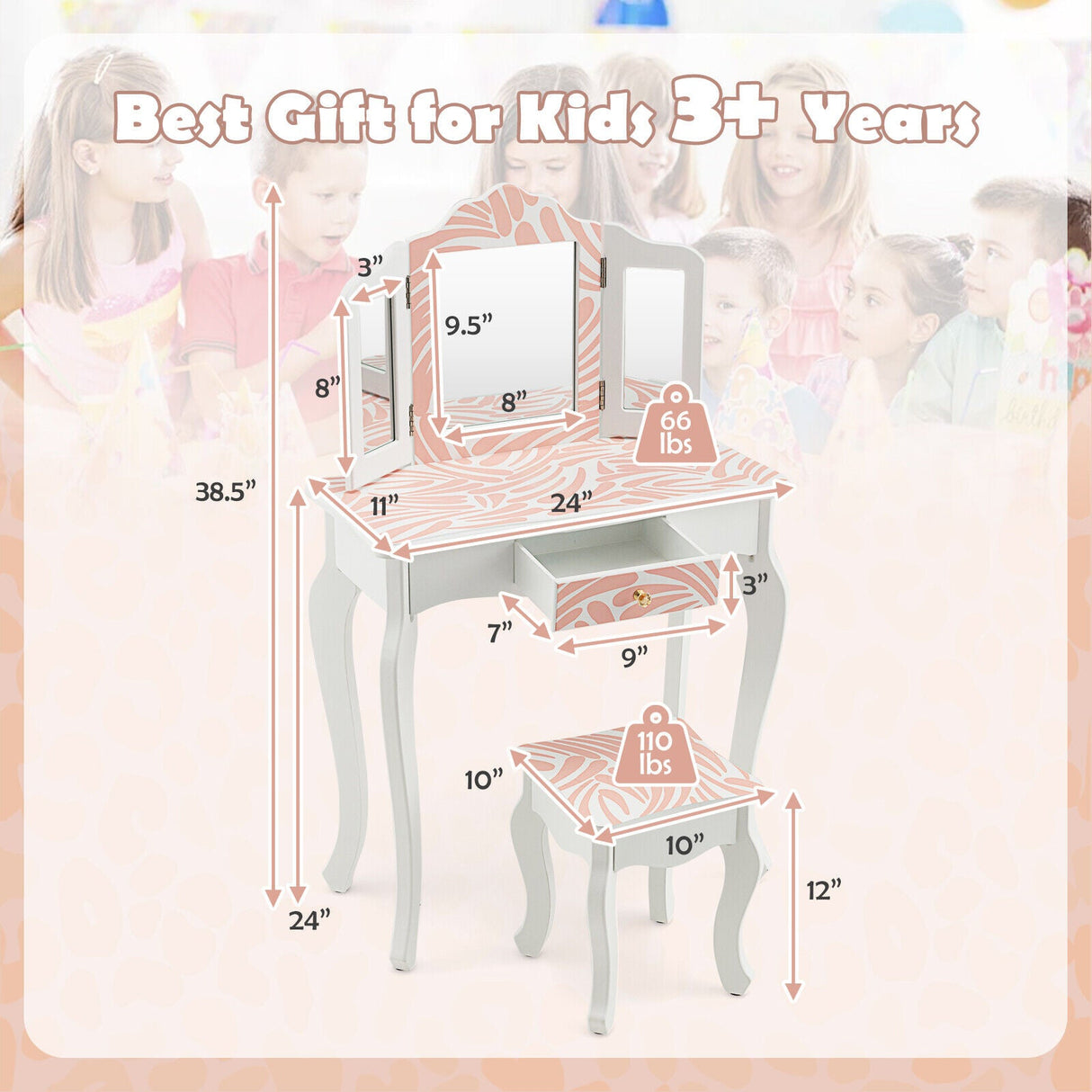 Tocador Infantil 2 en 1 con Espejo Triple Plegable - Rosa